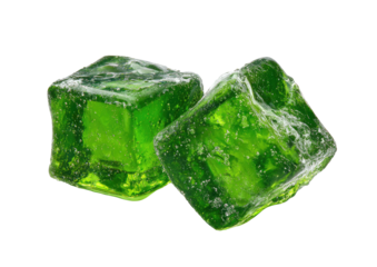 Two translucent green cubes, rough texture, on black