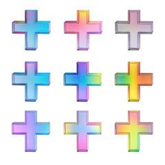 Fototapeta premium Nine iridescent, glossy plus signs on a black background