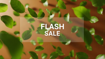 Immersive 3D "FLASH SALE" Text on Translucent Banner Surrounded by Falling Green Leaves