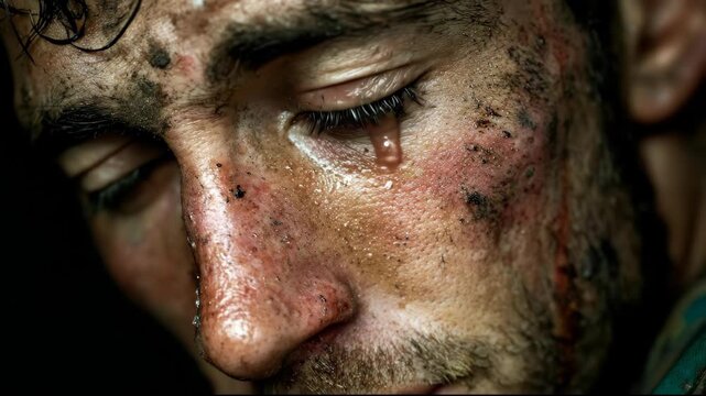 Intense emotional close up of a traumatized mans dirty face crying.