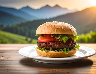 Delicious burger on a plate with scenic mountain view background