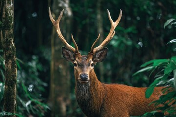 Fototapeta premium A magnificent stag with impressive multi-branched antlers stands alert amidst the verdant, deep green foliage of a dense forest. Its reddish-brown fur contrasts beautifully with the lush, out-of-focus