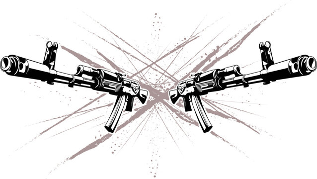 illustration of two Kalashnikov assault rifles in the form of a tattoo on an abstract background