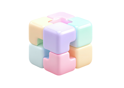 Pastel block cube, notched puzzle pieces assembled together