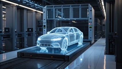 A futuristic facility displaying a holographic car model, showcasing advanced technology in automotive design and manufacturing.