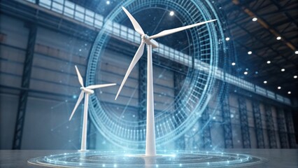 A futuristic scene featuring wind turbines with a digital interface, emphasizing renewable energy and technology in a modern industrial setting.