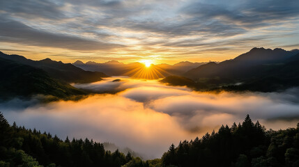 Obraz premium Majestic sunrise illuminating misty mountains, creating serene and poetic atmosphere