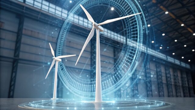A futuristic scene featuring wind turbines with a digital interface, emphasizing renewable energy and technology in a modern industrial setting.