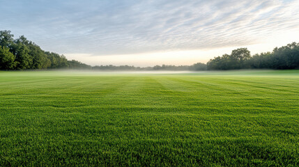 Obraz premium Lush green field with soft fog, serene atmosphere, and gentle morning light