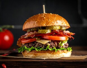 Delicious burger with all the fixings, on a wooden surface