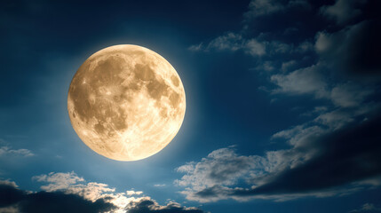 Obraz premium Bright full moon shines clear night sky with soft clouds surrounding it, creating serene