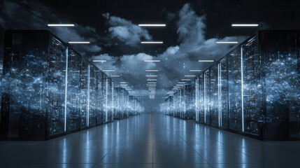 A futuristic data center illuminated by blue light showcasing rows of high-tech servers and digital elements.