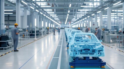 A modern automotive factory showcasing transparent car models on assembly lines, with workers overseeing the production process in a bright, industrial environment.
