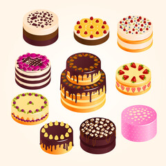 Isometric Sweet Dessert Cake Illustration Collection of Various Flavors and Toppings