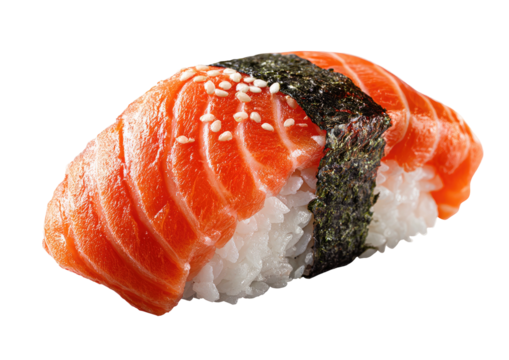 Salmon nigiri sushi; sesame seed garnish, seaweed wrap