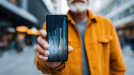 An elderly man proudly displays his smartphone with a digital interface in a bustling city setting.