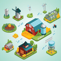 Isometric Detailed Farm Buildings Elements Composition Farm Agriculture Scene