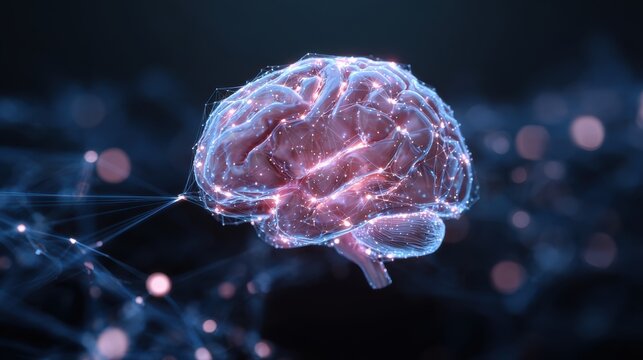 Futuristic digital brain with glowing connections symbolizing artificial intelligence and neural networks.