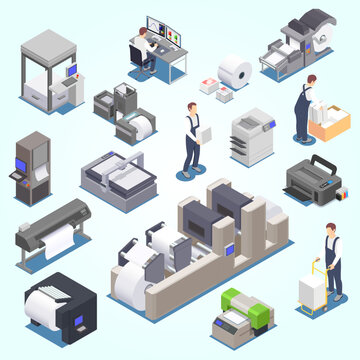Isometric Detailed Printing Factory Equipment and Operator People Illustration