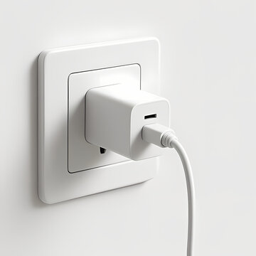 3D render of a phone charger plugged into a wall socket on a clean white wall background