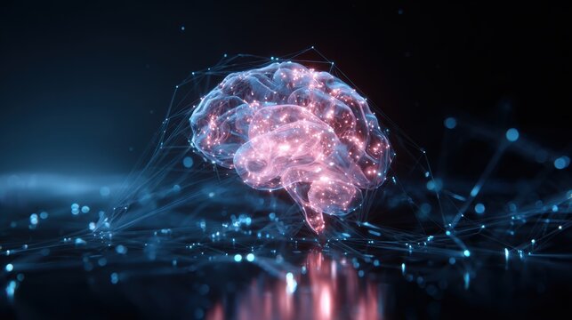 Innovative 3D representation of a brain with glowing connections symbolizing neural networks and intelligence.