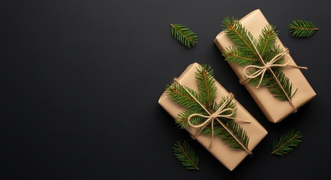 Two christmas gifts wrapped in brown paper with pine branches