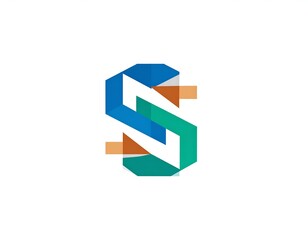 A geometric letter, formed by layered colored shapes. The design features a bold, interlocking structure, with the main color palette of blue, green, and orange