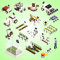 Isometric Smart Farm Automation And Robots Technology On Green Background