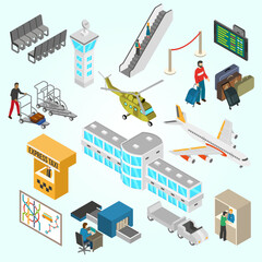 Isometric Detailed Airport Transportation Scene with Passenger and Luggage Elements