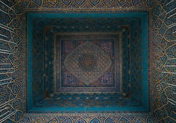 Intricate geometric patterns adorning a dome's interior, showcasing detailed mosaic work and traditional Islamic artistry