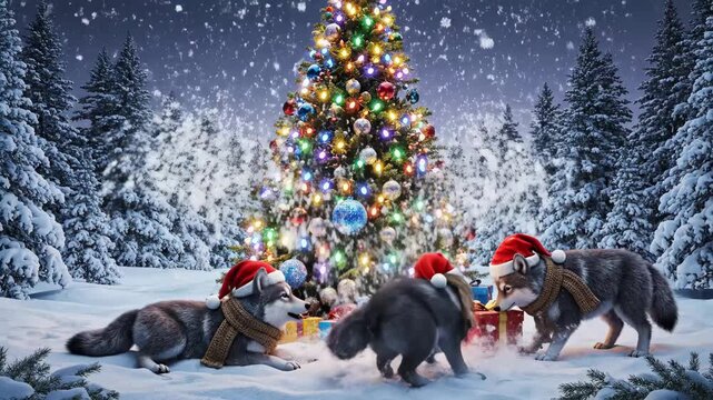 Christmas Wolves by Decorated Tree - A whimsical Christmas scene displays a snow-covered forest and a decorated Christmas tree surrounded by colorful presents.