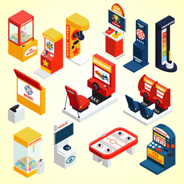 Isometric Various Arcade Game Machines Entertainment Icon Set Illustration