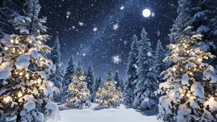 Peaceful Winter Night with Snowflakes and Stars - This video captures a serene winter scene featuring gently falling snowflakes and towering pine trees. - Powered by Adobe