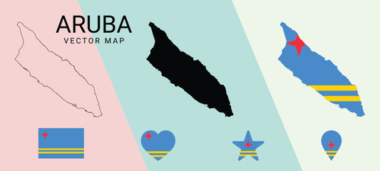 aruba vector map set with flag icons outline silhouette and shape