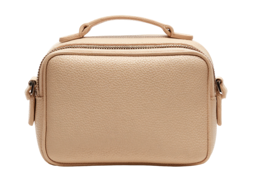 Tan, textured camera bag with a top handle