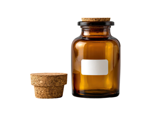 Amber glass bottle with cork stopper, blank label, open