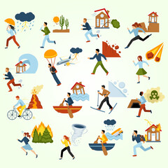 Fototapeta premium Illustrated Flat Design Natural Disaster Emergency Events and Safety Measures Icon Set