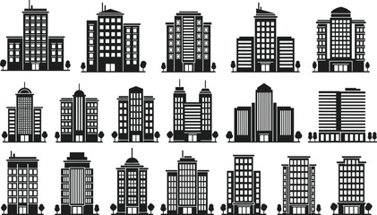 Black and white building icons, modern architecture, urban skyline, office towers, cityscape design, corporate buildings, real estate, construction,  © Hello World