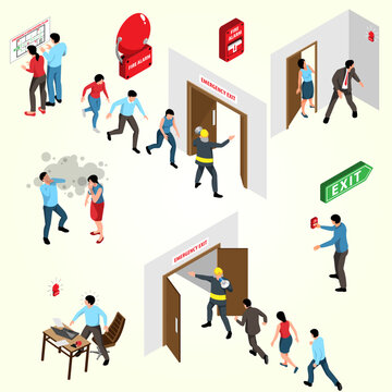 Isometric People Evacuating Building Due to Fire Emergency Detailed Illustration