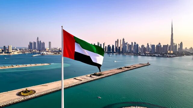 United Arab Emirates Flag Waving in Dubai with Cityscape View.