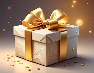 Elegant gift box with a golden ribbon, floating sparkles in dim light