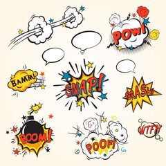 Colorful Cartoon Comic Style Sound Effects and Bubbles Illustration
