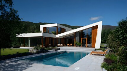 Fototapeta premium Modern Small House with Pool Minimalist Alabaster Organic Modern Norwegian Style Sunny Weather Vibrant Views Crisp Details Radiant Lighting Elegant Design Luxurious Ambiance (AI-Generated)