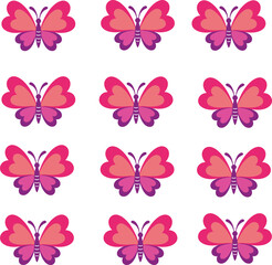 Fototapeta premium Vector graphic of numerous vibrant pink and purple butterflies arranged in a grid pattern