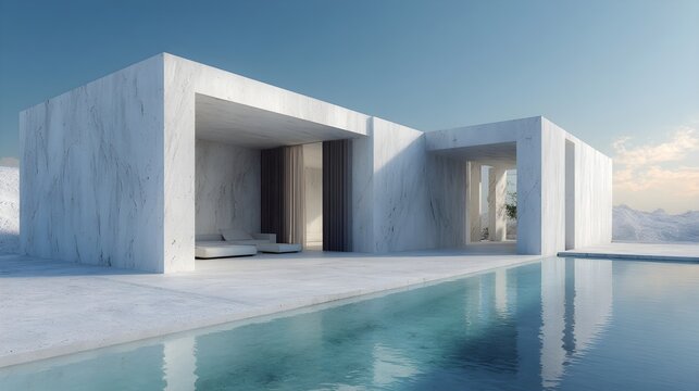 Modern Small House with Pool Minimalist Alabaster Organic Modern Norwegian Style Sunny Weather Vibrant Views Crisp Details Radiant Lighting Elegant Design Luxurious Ambiance (AI-Generated)