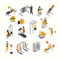 Isometric Detailed Fitness Center Equipment and People Training Illustration