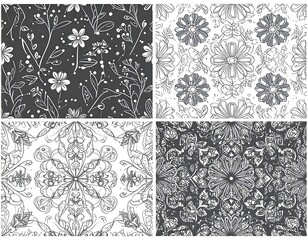 Four monochrome floral and abstract pattern compositions