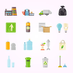 Flat Design Ecology and Environment Waste Sorting Recycling Element Icon Set
