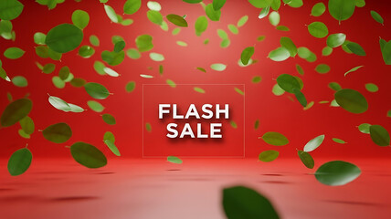 Dynamic 3D Render of "FLASH SALE" Text Framed by Falling Green Leaves on a Vivid Red Background
