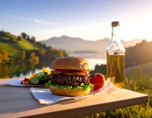 Delicious burger with salad & oil bottle with beautiful scenic background